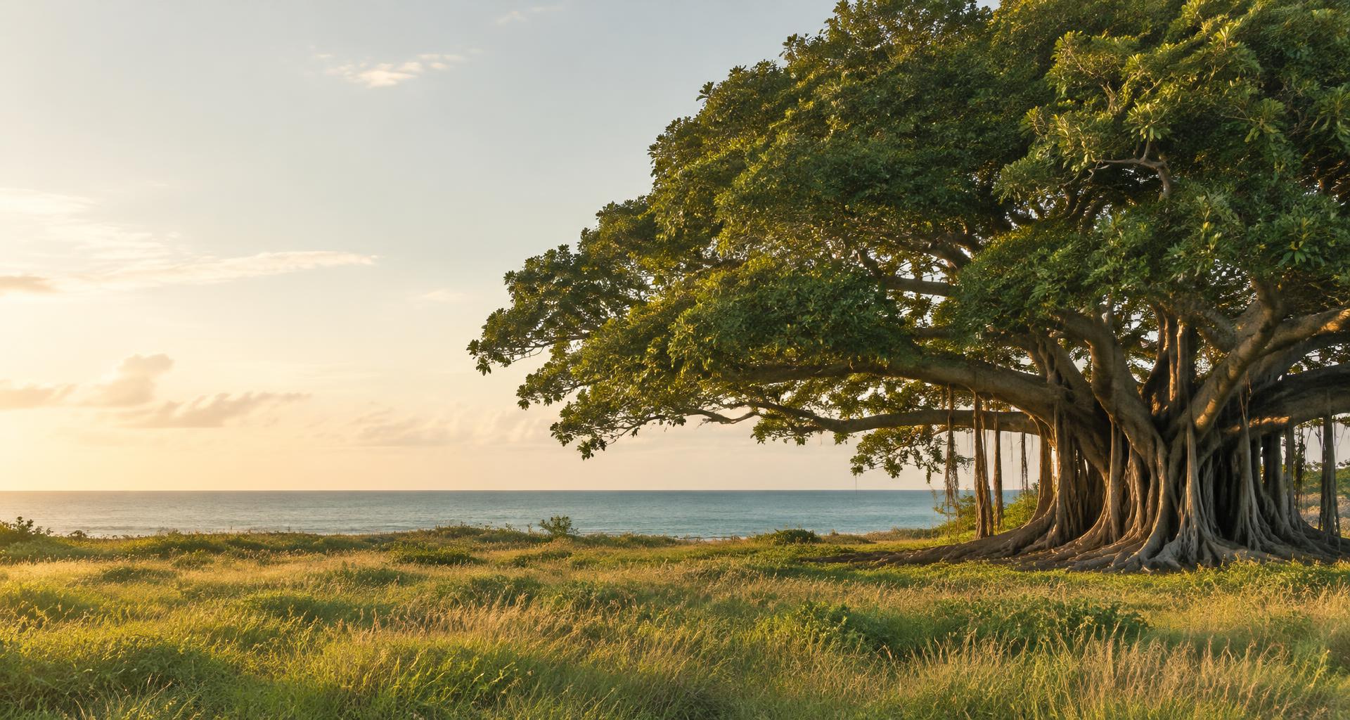 A banyan tree rooted beside a sunlit coastline